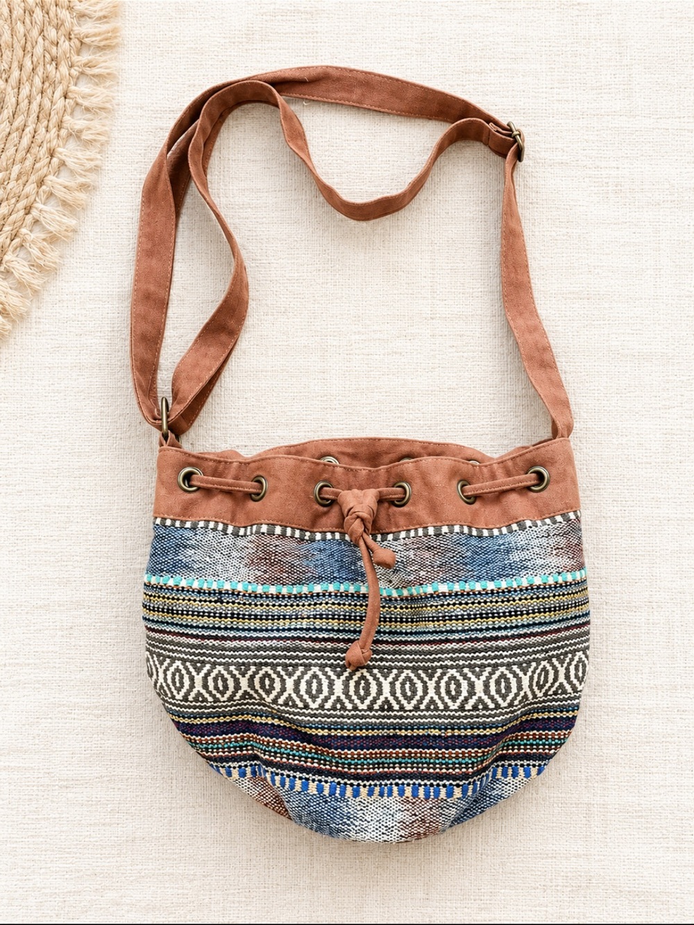 World Market Boho Woven Drawstring Crossbody Bag in Brown Hippie Style Bag